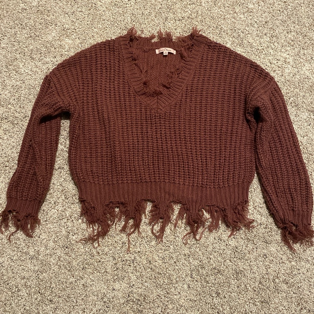 Fringed V-Neck Burgundy Sweater